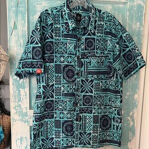 Tanoa aloha shirt Men's Blue tribal designed in Samoa made in Fiji 100% cotton